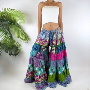 Vintage Bohemian Hippie Floral Patchwork Indie Fairycore Silk Palazzo Pants / S